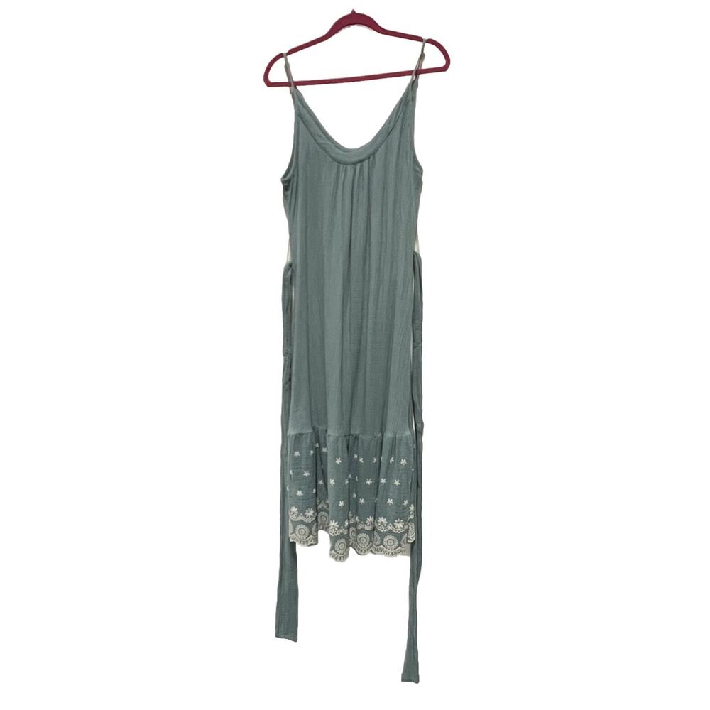 Secret Misson Anita Dress Womens XS Blue Boho Floral Eyelet Gauzy Tie Waist Midi